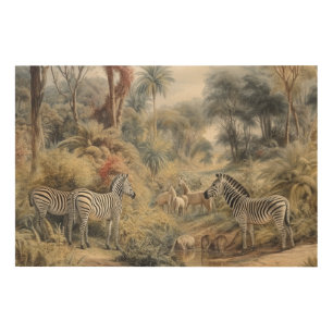 Botanical scene of zebras and lions in an oasis wood wall art