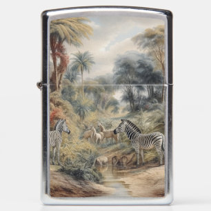 Botanical scene of zebras and lions in an oasis zippo lighter
