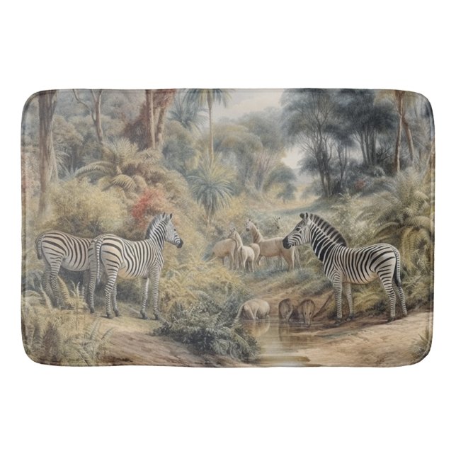Botanical scene of zebras in an oasis bath mat (Front)