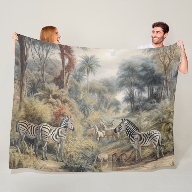 Botanical scene of zebras in an oasis fleece blanket (In Situ)