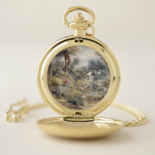 Botanical scene of zebras in an oasis pocket watch