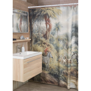 Botanical scene of zebras in an oasis shower curtain