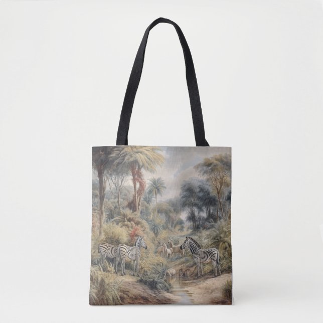 Botanical scene of zebras in an oasis tote bag (Front)