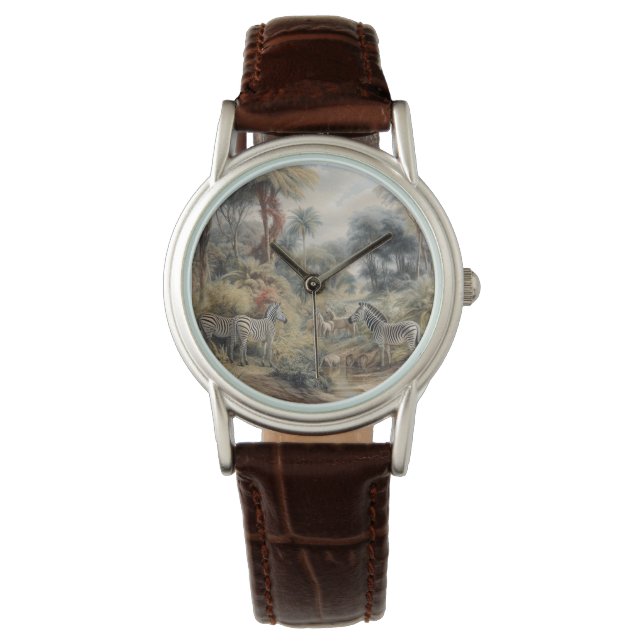 Botanical scene of zebras in an oasis watch (Front)