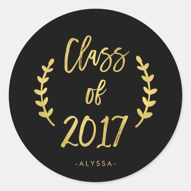 Botanical Script Faux Gold on Black Class of 2017 Classic Round Sticker (Front)