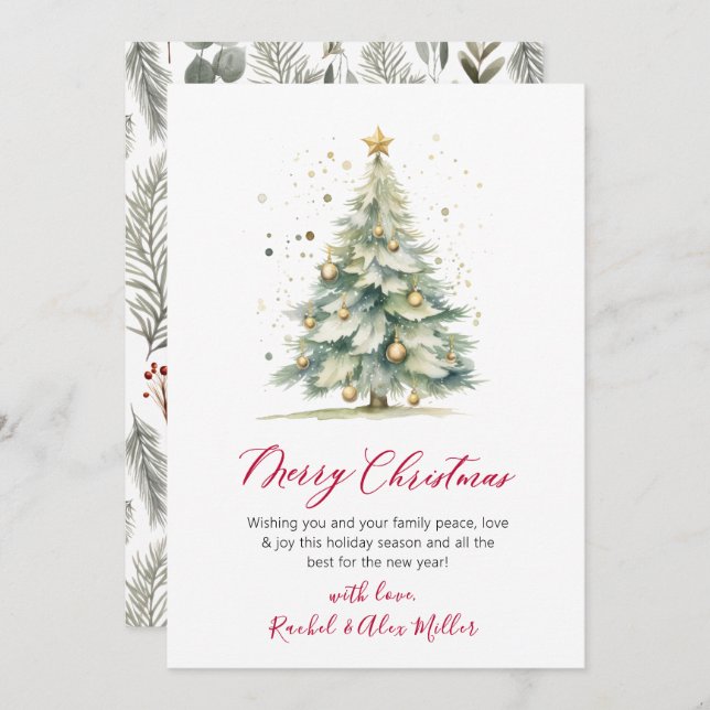 Botanical Script Tree Non Photo Christmas Cards (Front/Back)