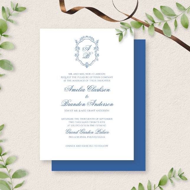 Botanical Sea Blue Monogram Crest & Script Wedding Invitation (Creator Uploaded)