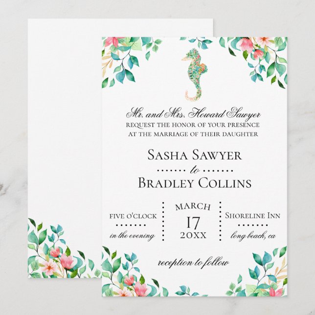Botanical Seahorse Wedding Invitation (Front/Back)