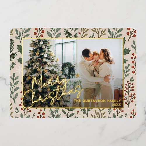 Botanical Seasonal Greetings On Holly Berries Gold Foil Holiday Card