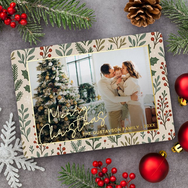 Botanical Seasonal Greetings On Holly Berries Gold Foil Holiday Card (Creator Uploaded)