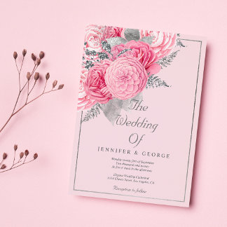 Botanical silver glitter pink floral wedding invitation