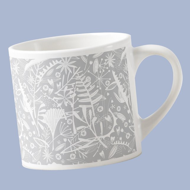 Botanical Silver Gray Floral Espresso Cup (Botanical leaf and flower pattern modern espresso cup)