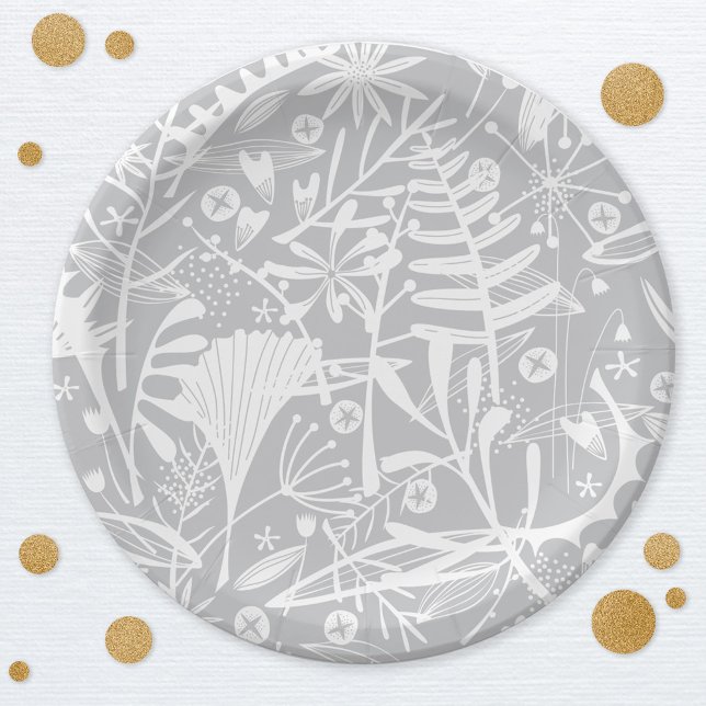 Botanical Silver Gray Floral Paper Plates (Silver gray botanical pattern elegant paper party plates)