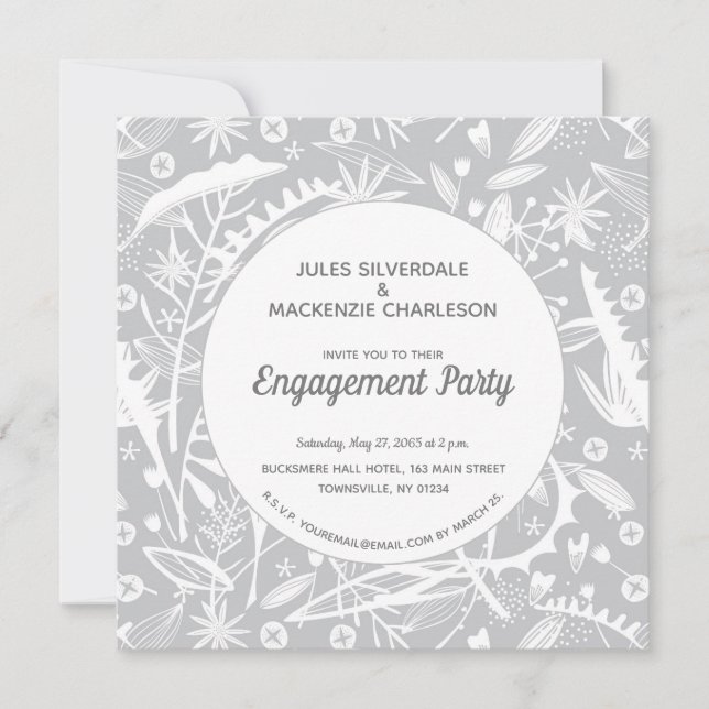 Botanical Silver Gray Pattern Engagement Party Invitation (Front)