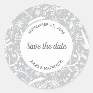 Botanical Silver Gray Pattern Save the Date Classic Round Sticker