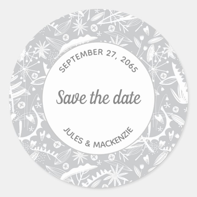 Botanical Silver Gray Pattern Save the Date Classic Round Sticker (Front)
