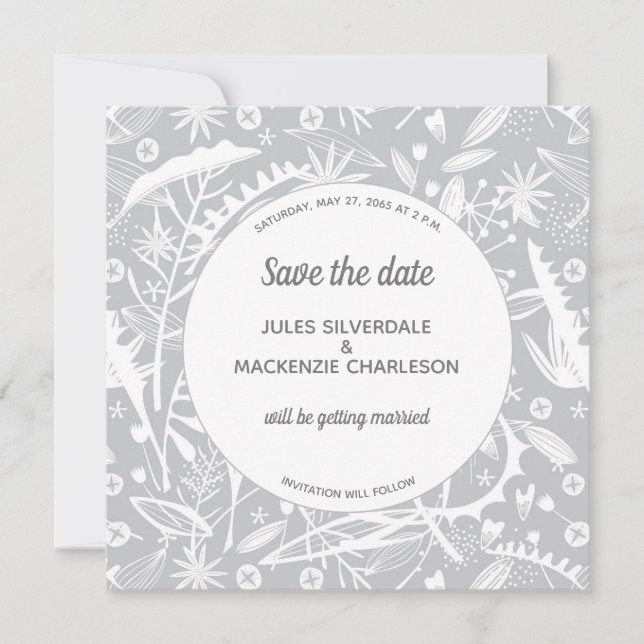 Botanical Silver Gray Pattern Save the Date Invitation (Front)