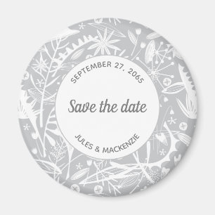 Botanical Silver Gray Pattern Save the Date Magnet