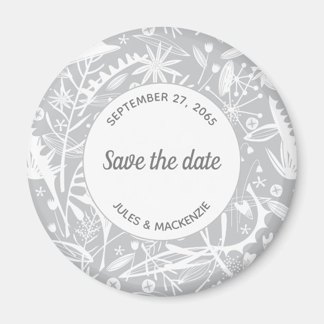 Botanical Silver Gray Pattern Save the Date Magnet (Front)