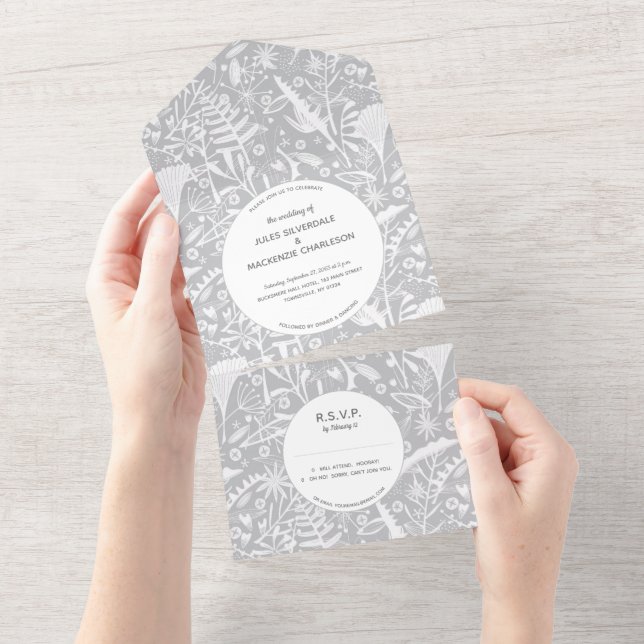 Botanical Silver Gray Pattern Wedding All In One Invitation (Tearaway)
