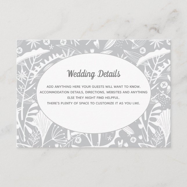 Botanical Silver Gray Pattern Wedding Details Enclosure Card (Front)