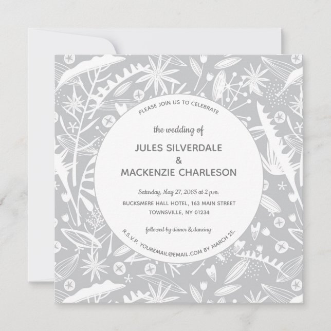 Botanical Silver Gray Pattern Wedding Invitation (Front)