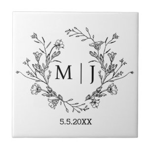 botanical simple typography monogram wedding ceramic tile