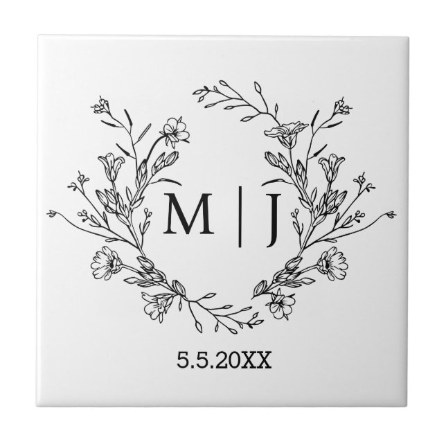 botanical simple typography monogram wedding  ceramic tile (Front)