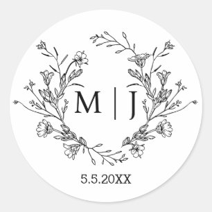 botanical simple typography monogram wedding  classic round sticker