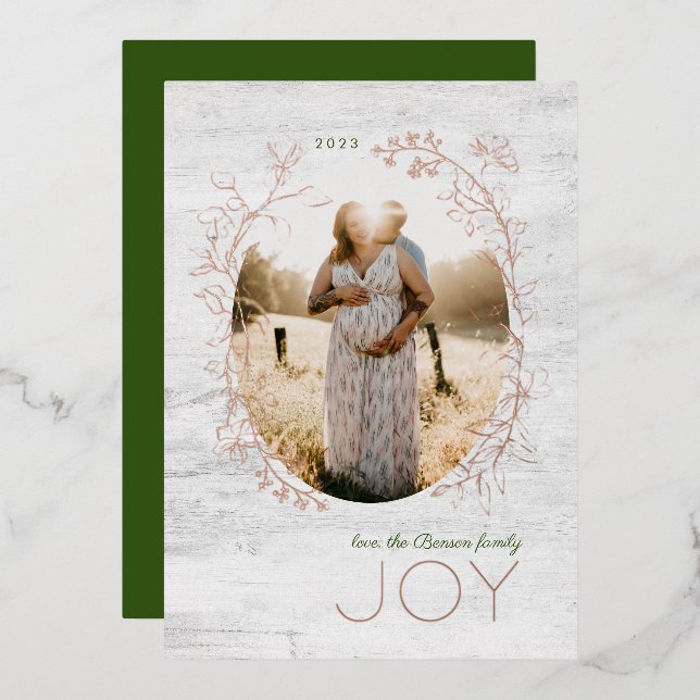 Botanical Sketch Oval Frame Green Real Foil Holiday Card (Front/Back)