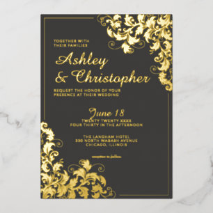 Botanical Slate Gray Corner Photo Wedding Gold Foil Invitation