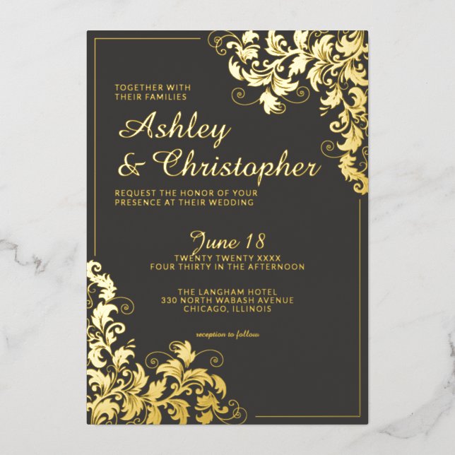 Botanical Slate Gray Corner Photo Wedding Gold Foil Invitation (Front)