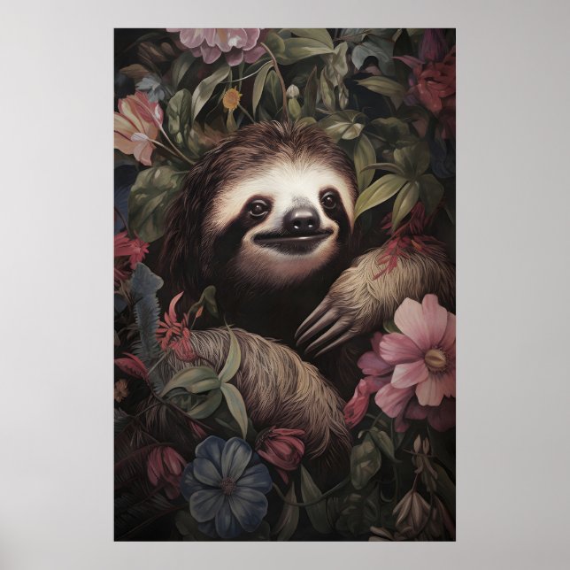 Botanical Sloth Print, Dark Academia Floral Poster (Front)