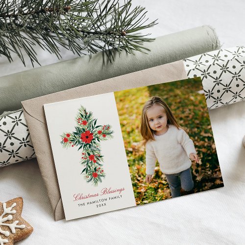 Botanical Sprigs Christmas Cross Religious Photo Holiday Card