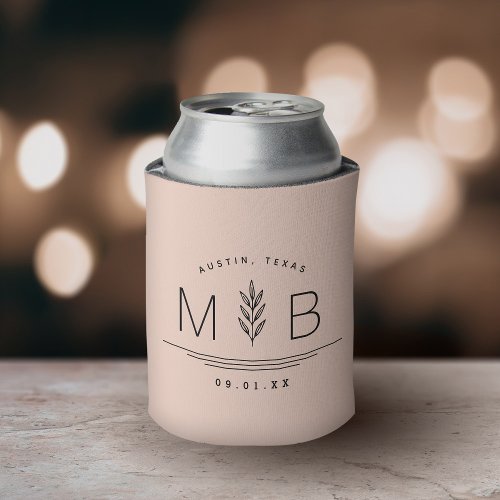 Botanical Stem Wedding Monogram  Blush Can Cooler