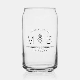 Botanical Stem Wedding Monogram Can Glass