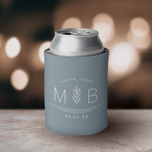 Botanical Stem Wedding Monogram  Dusty Blue Can Cooler