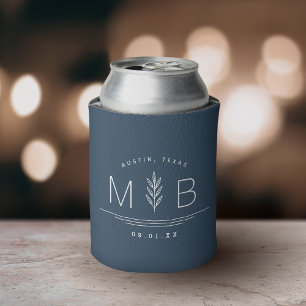 Botanical Stem Wedding Monogram Lake Blue Can Cooler