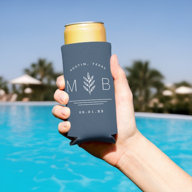 Botanical Stem Wedding Monogram | Lake Blue Seltzer Can Cooler (In Situ Pool)