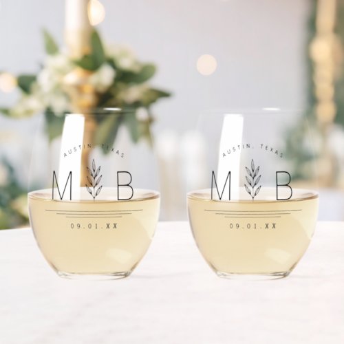 Botanical Stem Wedding Monogram Stemless Wine Glass