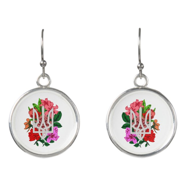 Botanical still and Ukrainian trident tryzub Earrings (Front)