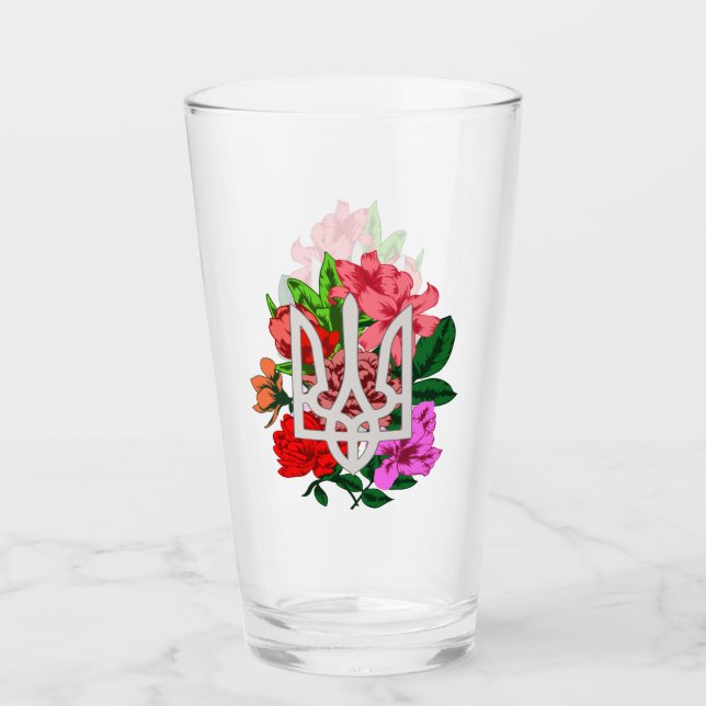 Botanical still and Ukrainian trident tryzub Glass (Front)