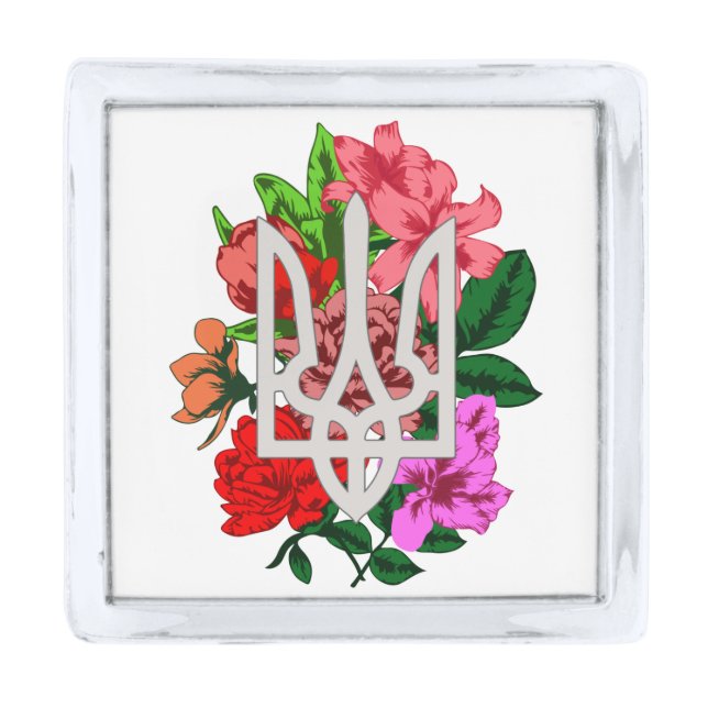 Botanical still and Ukrainian trident tryzub Silver Finish Lapel Pin (Front)