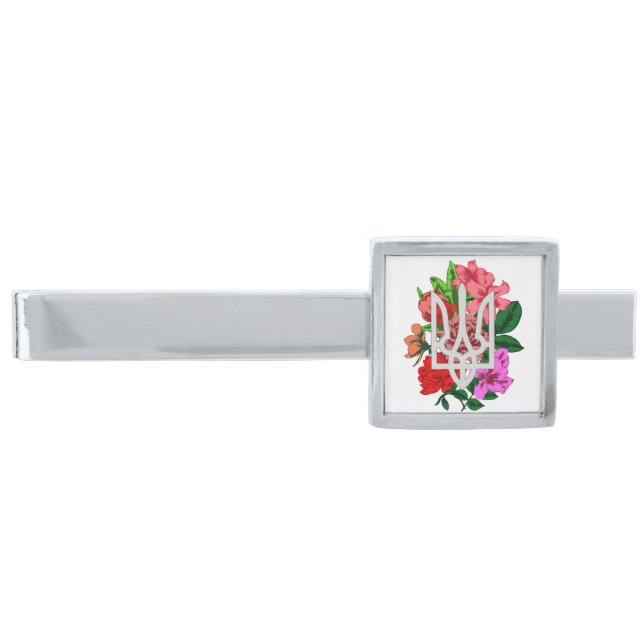 Botanical still and Ukrainian trident tryzub Silver Finish Tie Bar (Front)
