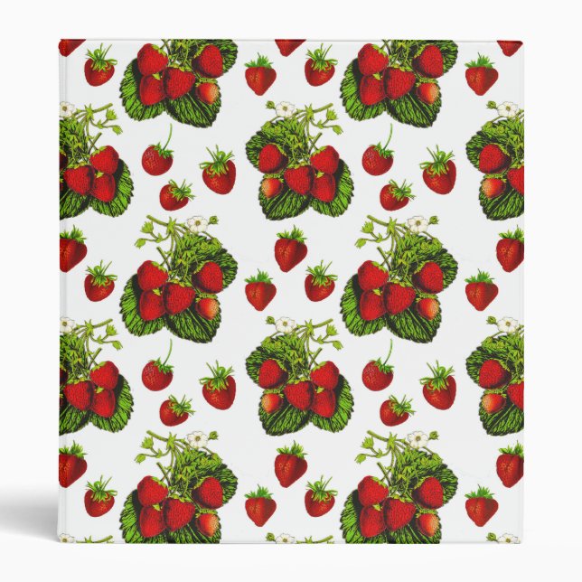 Botanical Strawberry Illustration Print on White  3 Ring Binder (Front)