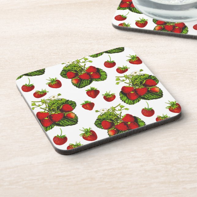 Botanical Strawberry Illustration Print on White  Beverage Coaster (Left Side)