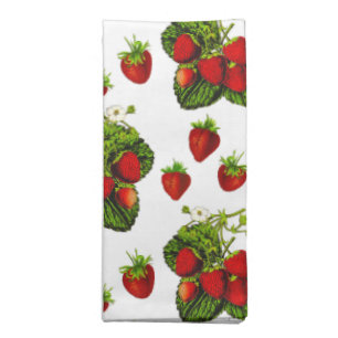 Botanical Strawberry Illustration Print on White Cloth Napkin