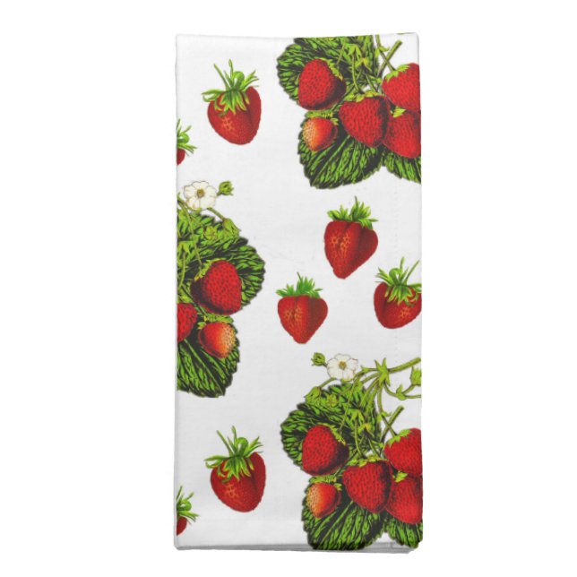 Botanical Strawberry Illustration Print on White  Cloth Napkin (Folded)