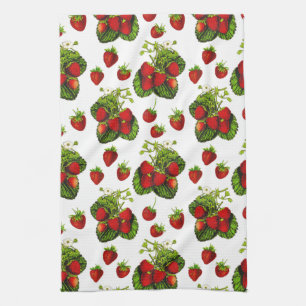 Botanical Strawberry Illustration Print on White  Kitchen Towel