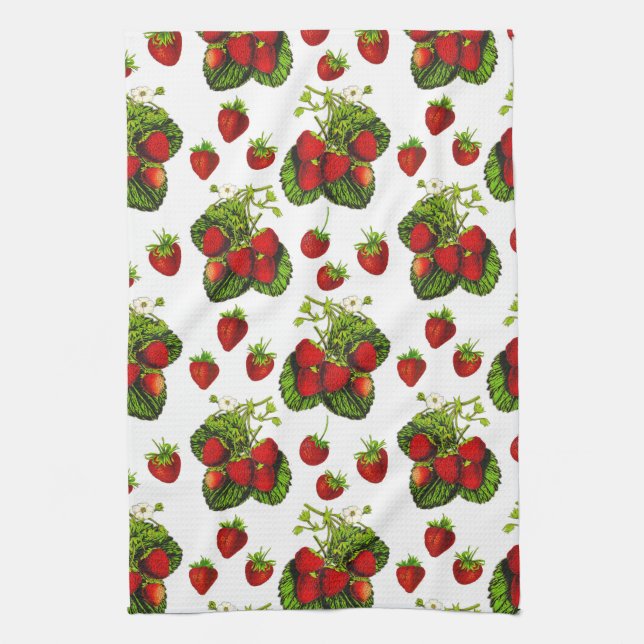 Botanical Strawberry Illustration Print on White  Kitchen Towel (Vertical)